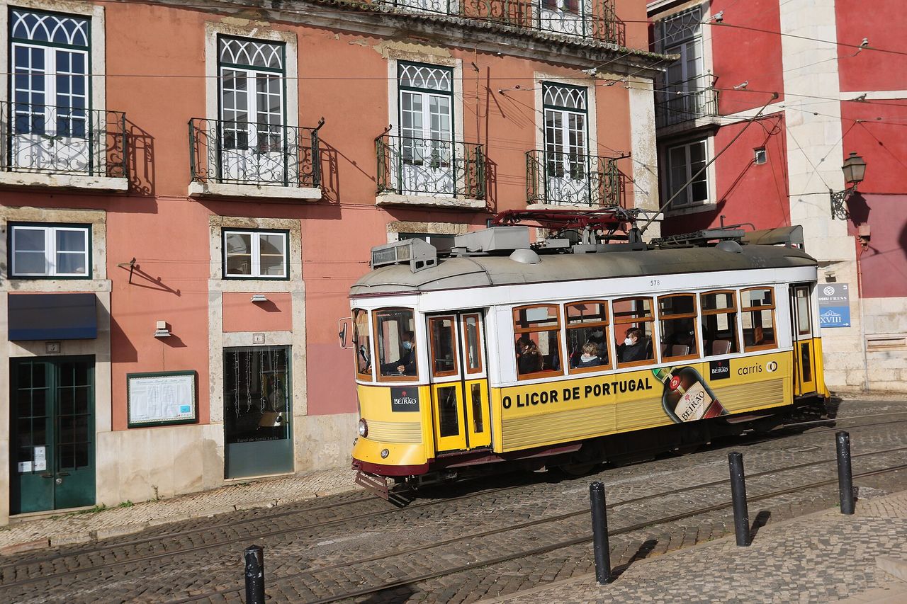 A tram on Largo de Santa Luzia in Alfama, Lisbon